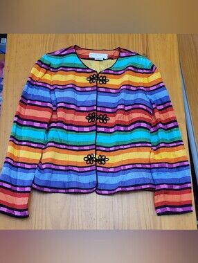 100% Silk Maggy London Rainbow Striped Cropped Blazer with Black Trim